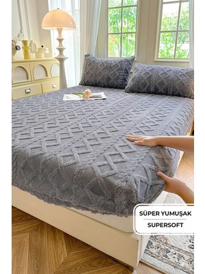Evien Home Süper Yumuşak Jakarlı Kadifemsi Peluş Lastikli Fitted Çarşaf Seti Kaymaz Tek/Çift Kişilik Koyu Gri - Antrasit