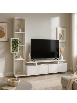 Dekorister Tulip Beyaz Kitaplıklı TV Ünitesi / Modern Raflı ve Kapaklı Salon Ünitesi