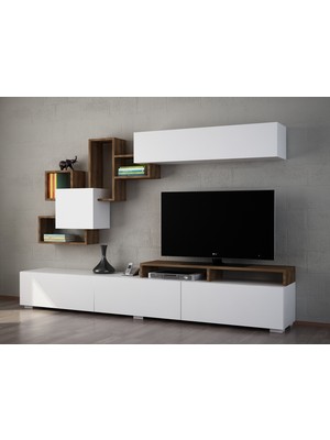 Dekorister Elit Beyaz Ceviz TV Ünitesi / Modern Kapaklı ve Duvar Raflı TV Sehpası
