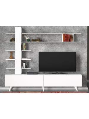 Dekorister Aleyna Duvar Raflı Kitaplıklı Tv Ünitesi Beyaz