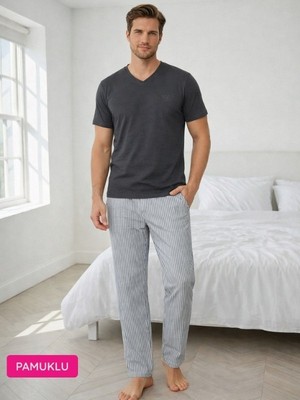 Guava Erkek Antrasit Çizgili V Yaka Düğmesiz Jakarlı Pamuk Likra Kısa Kol Cepli Pijama Takımı