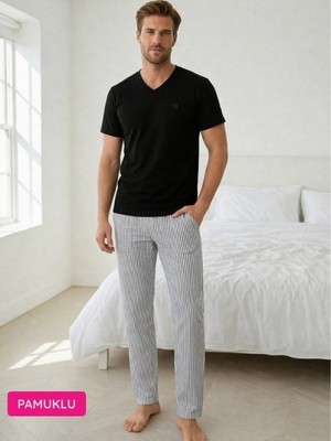 Guava Erkek Siyah Çizgili V Yaka Düğmesiz Jakarlı Pamuk Likra Kısa Kol Cepli Pijama Takımı