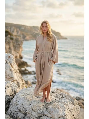 Miespiga %100 Pamuklu Dokuma Beli Kuşaklı Maxi Kadın Kimono Kaftan