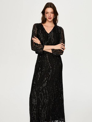 Faik Sönmez V Yaka Payetli Uzun Abiye Elbise S26ABY001