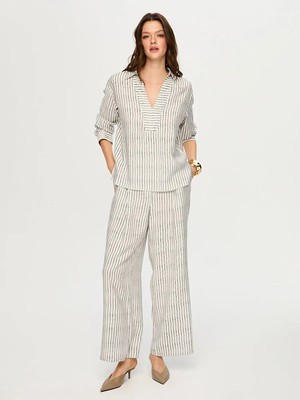 Faik Sönmez Yarım Patlı Çizgili Uzun Kol Bluz S26BLZ016