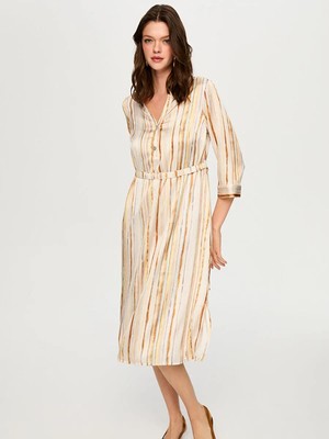 Faik Sönmez Yarım Patlı Beli Kemerli 3/4 Kol Çizgili Viskon Elbise S26ELB028