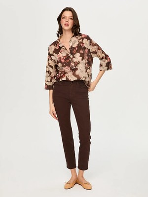 Faik Sönmez Soyut Çiçek Desen 3/4 Kol Pamuk Vual Bluz S26BLZ043