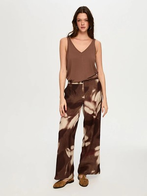 Faik Sönmez Soyut Çiçek Desen Ketenli Wide Leg Fit Pantolon S26PNT035