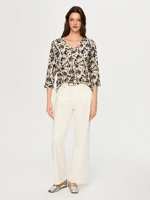 Faik Sönmez Soyut Desen V Yaka Uzun Kol Tshirt S26TSH098