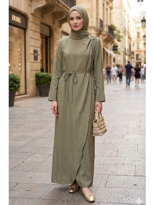İlkimay.com Sueda Tokalı Tesettür Elbise 1699 - Haki