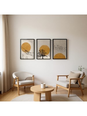 Huhuli Ahşap Siyah Çerçeveli 3'lü Set Soyut Tablo 20 x 30 cm Modern Tasarım