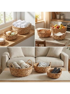 River 3'lü Yuvarlak Kulplu Derin Hasır Organizer Seti - Doğal Örgü Dekoratif Düzenleyici ve Saksılık - Banyo, Salon ve Çocuk Odası Için Çok Amaçlı Sepet Takımı
