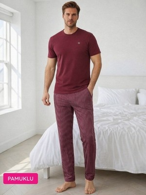 Guava Erkek Bordo Düğmesiz Bisiklet Yaka Çizgili Jakarlı Pamuk Likra Kısa Kol Cepli Pijama Takımı