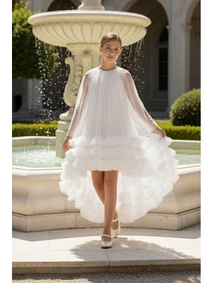 Pamina Kız Çocuk Katmanlı Tül Pelerinli Doğum Günü - Parti - Mezuniyetelbisesi 8-14 Yaş 36125PR-EKRU