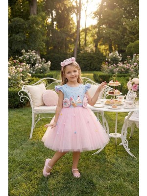 Pamina Kız Çocuk Tül Elbise, Donut ve Dondurma Aplike Detaylı + Saç Bandı Doğum Günü - Partielbisesi3-7 Yaş 36092PR-PEMBE