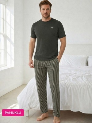 Guava Erkek Haki Yeşili Düğmesiz Bisiklet Yaka Çizgili Jakarlı Pamuk Likra Kısa Kol Cepli Pijama Takımı