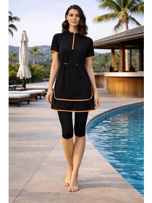 Tesmay Sporcu Likra Hızlı Kuruyan Kumaş Yarım Fermuarlı Kısa Kollu Taytlı Kadın Mayo 3422