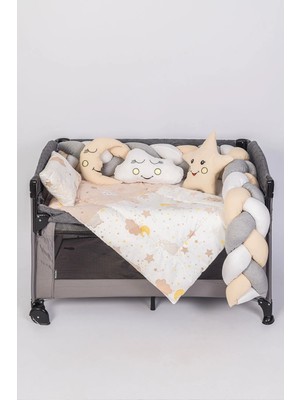 Jasmin Beşik Uyku Seti Kahve Yıldızlı Örgülü 7 Parça + Cibinlik ve Aparatı Hediye