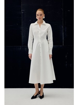 Sateen Uzun Düğme Detaylı Elbise - Ekru