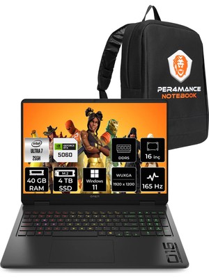 Hp Omen 16 Intel Core Ultra 7 255H 40GB 4tb SSD RTX5060/8GB 115W 16" Fhd+ 165Hz W11P Taşınabilir Bilgisayar & Per4 Çanta BQ1Z1EAPN449
