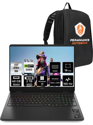 Hp Omen Slim 16 Intel Core Ultra 9 285H 40GB 2tb SSD RTX5060/8GB 16" Fhd+ 165Hz W11H Taşınabilir Bilgisayar & Per4 Çanta BQ3Z2EAPN388