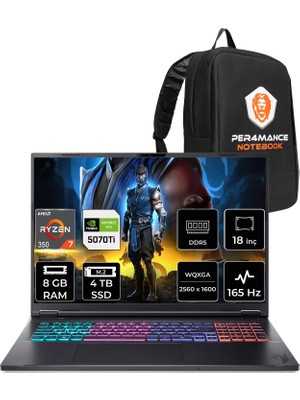 Acer Nitro 18 Amd Ryzen Aı 7 350 8gb 4tb SSD RTX5070TI/12GB 115W 18" Qhd+ 165Hz Fdos Taşınabilir Bilgisayar & Per4 Çanta NHQYDEY002P305