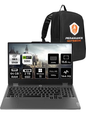Lenovo Loq i5 13450HX RTX 5060 8GB Gaming Laptop 64GB RAM 2TB SSD 15.6" FHD 144Hz Win11 Home + Per4 Çanta 83JE00XRTRP379