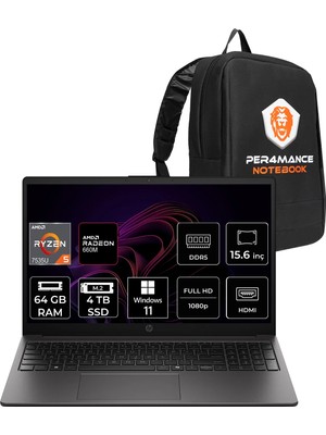 Hp 255R G10 Amd Ryzen 5 7535U 64GB 4tb SSD 15.6" Fhd W11H Taşınabilir Bilgisayar & Per4 Çanta D0PK1ATPN380