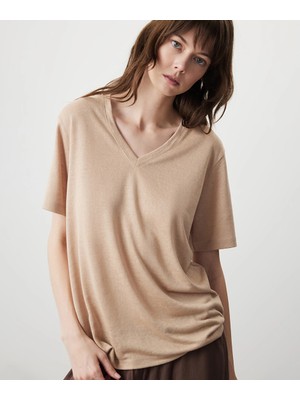 Miss İpekyol Keten Görünümlü V Yaka Tişört  IS1260070036003