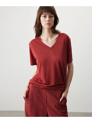 Miss İpekyol Keten Görünümlü V Yaka Tişört  IS1260070036054