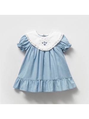 Noynoy Kız 9-24 Ay Nakışlı Yaka Kot Elbise - Mavi - 9 - 12 Ay Mavi