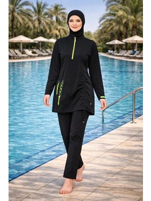 Tesmay Sporcu Likra Paraşüt Kumaş Yarım Fermuarlı Kadın Tesettür Mayo 3027