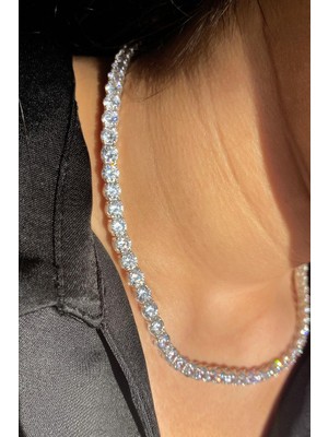 Spossy Silver Jewelry 5mm +A Kalite Zirkon Taşlı, Pırlanta Kilit Su Yolu Kolye