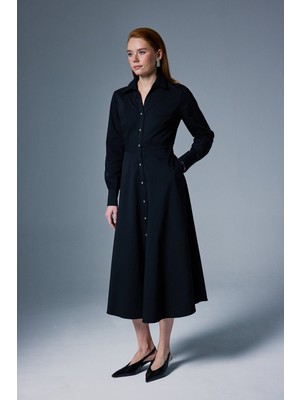 Sateen Uzun Düğme Detaylı Elbise - Ekru