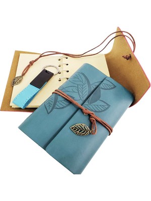 Özel Ahşap Kutulu Mavi Deri Defter ve Anahtarlık Seti