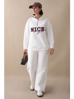 inStyle Nice Yazılı Fermuarlı Beyaz Ikili Takım