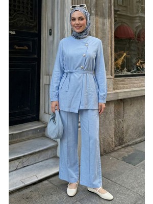 inStyle Üç Düğmeli Kuşaklı Bebe Mavisi Modal Takım