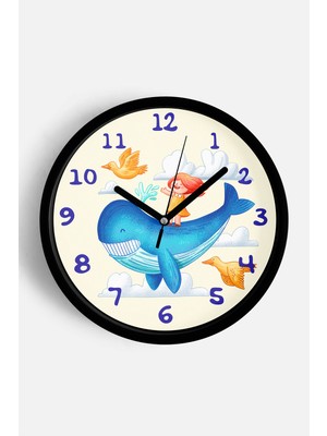 JHAAR Sevimli Balina Çocuk Odası Duvar Saati - 25CM - Önü Camlı Siyah Kasa