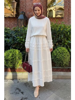 inStyle Fırfırlı Kloş Etekli Beyaz Takım