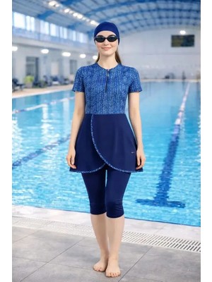 Tesmay Hızlı Kuruyan Mayo Kumaşı Yarım Fermuarlı Kısa Kollu Taytlı Kadın Mayo 2495