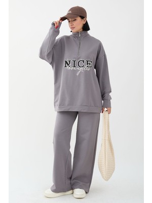 inStyle Nice Yazılı Fermuarlı Antrasit Ikili Takım