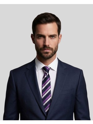 1001 Kravat Mor Çizgili 8 cm Genişliğinde Ipek Kravat