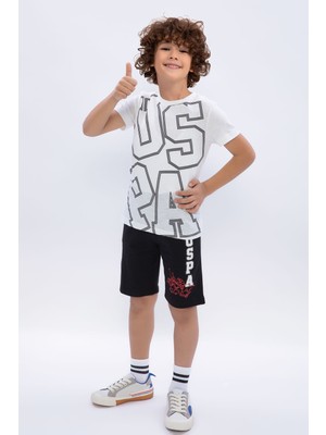 U.S. Polo Assn. Krem Siyah Erkek Çocuk Bermuda Takım 9-10 Yaş İçin Rahat Basic Fit Tasarım