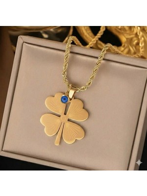 Gözde Aksesuarım Nazar Boncuku Kalın Burgulu Çelik Yonca Kolye