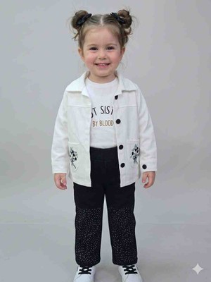 Vitrin Life Kız Çocuk 3’lü Takım – Ceket, Baskılı Tişört ve Taş Detaylı Pantolon