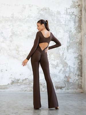 Lismina Kahverengi Uzun Kollu Arkası Büzgülü ( Scrunch Butt ) Spor Tayt Tulum