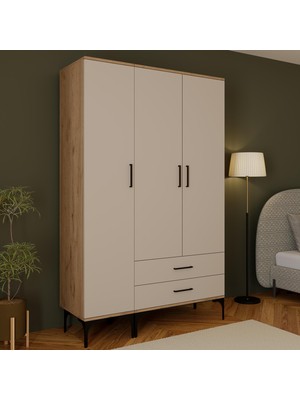 Bimossa K9020 Loft Sepet Gövde-Kumtaşı Kapak 3 Kapaklı 2 Çekmeceli Gardırop, Askılı Raflı Kapaklı Gardırop