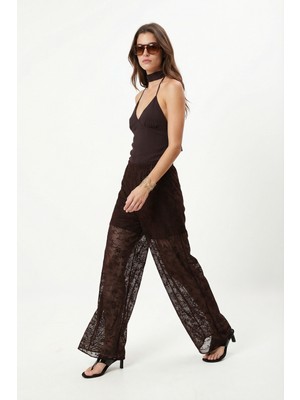 Ritnice Kadın Mandy Içi Şort Astarlı Çiçek Desenli Flok Baskılı Transparan Geniş Paça Kahverengi Tül Pantolon
