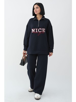 inStyle Nice Yazılı Fermuarlı Lacivert Ikili Takım