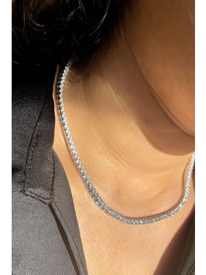 Spossy Silver Jewelry 3mm +A Kalite Zirkon Taşlı, Pırlanta Kilit Su Yolu Kolye